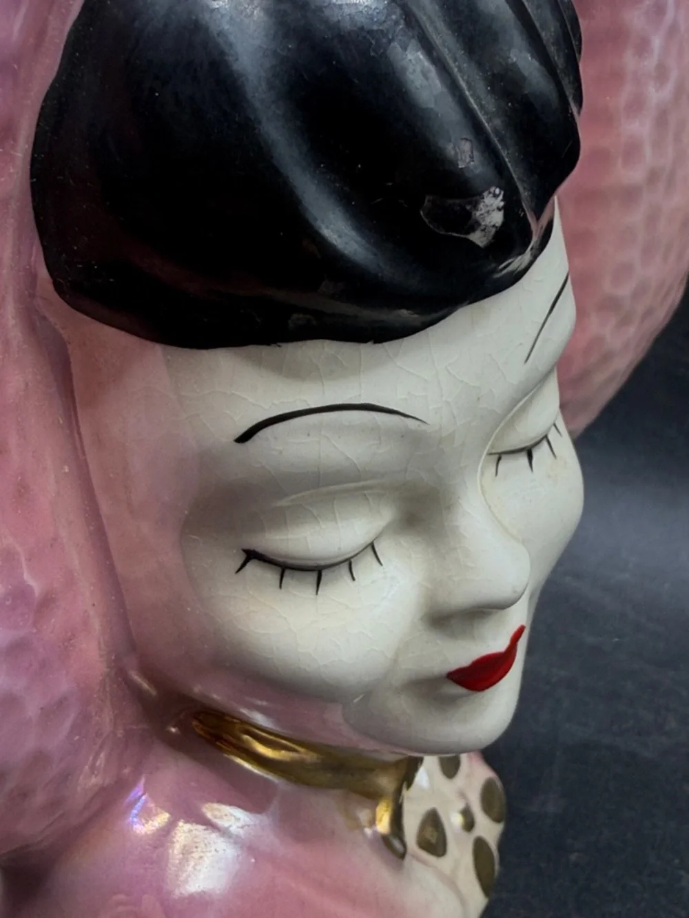 Vintage MCM Hand Painted Lusterware Pink Hat Lady Head Vase Ceramic Wall Pocket